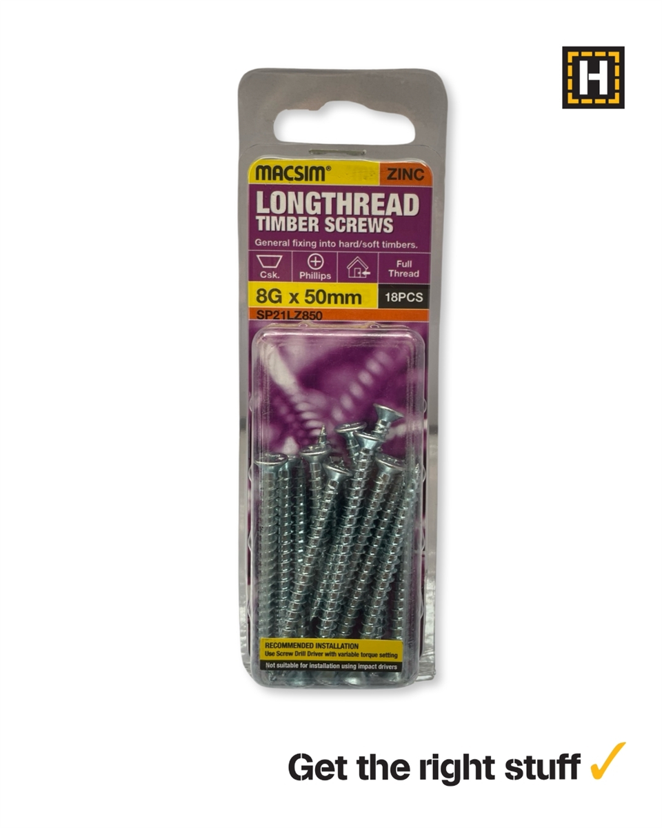 MACSIM 8 X 50mm LONGTHREAD Timber Screws Zinc plated