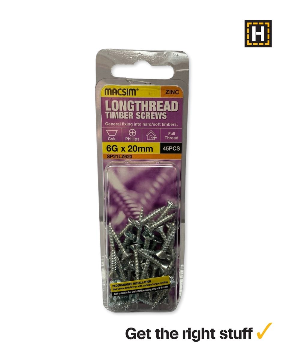 MACSIM 6 X 20mm LONGTHREAD Timber Screws Zinc plated
