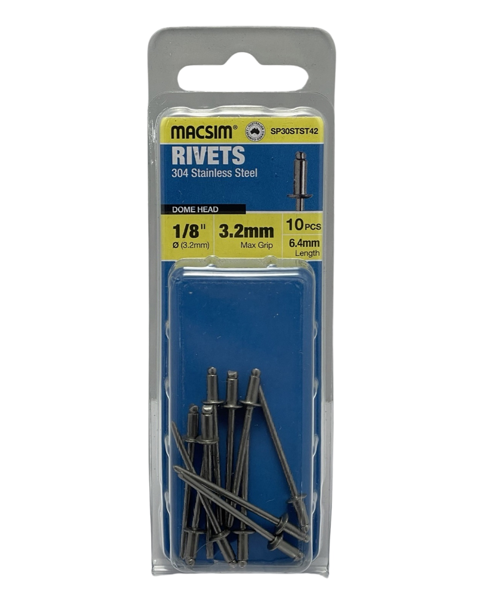 MACSIM 3.2mm X 3.2mm 304 SS Rivets QTY 10