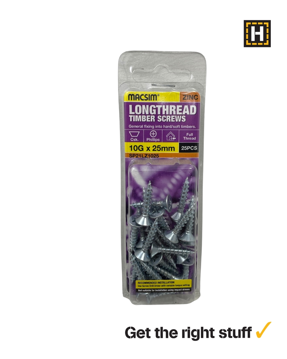 MACSIM 10 X 25mm LONGTHREAD Timber Screws Zinc plated