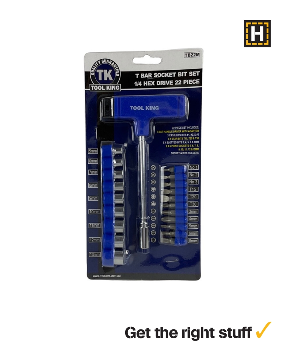 TOOLKING-T BAR SOCKET BIT SET MET 22pce