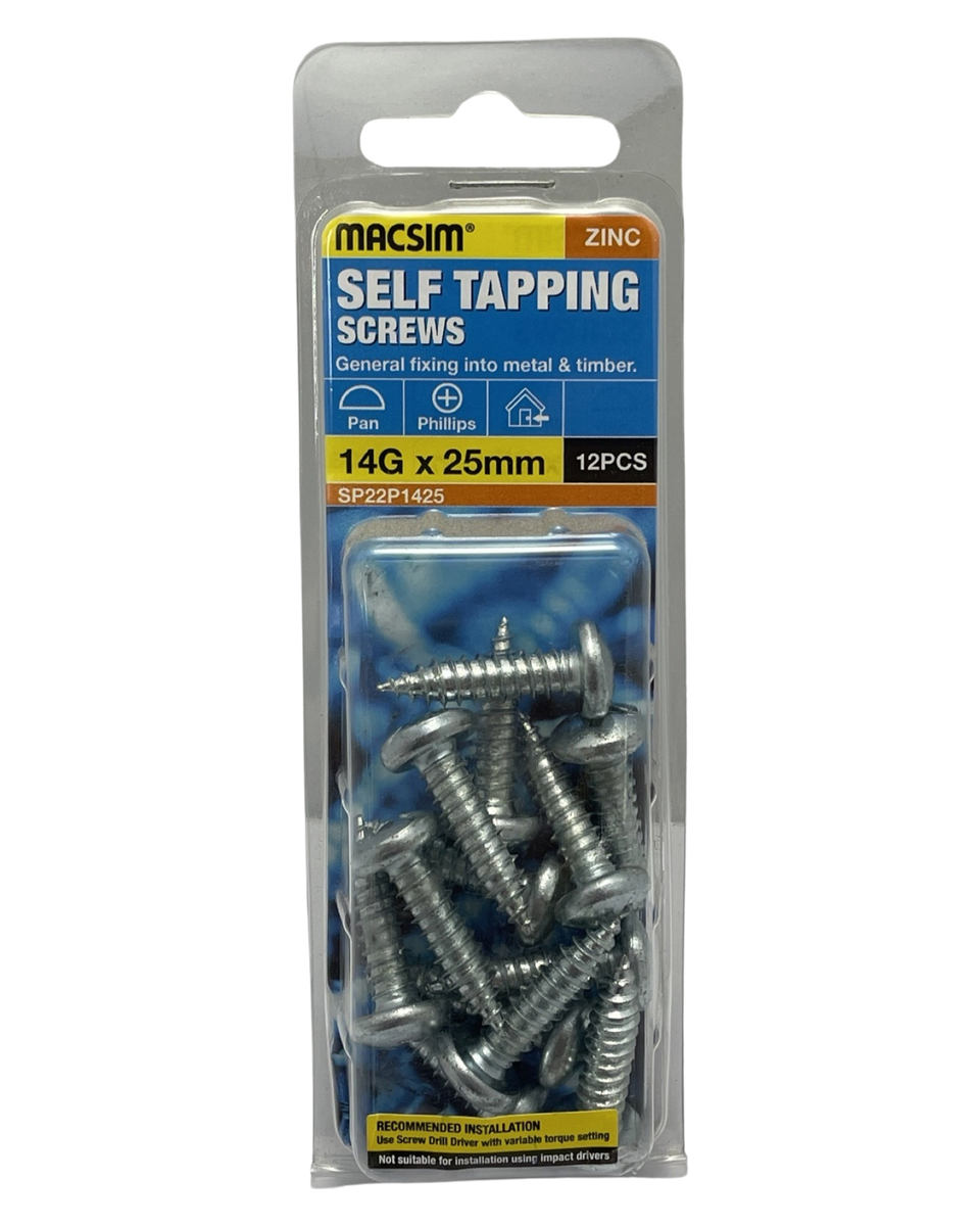 Macsim 14g x 25mm Self Tapping Screws - Pack of 12