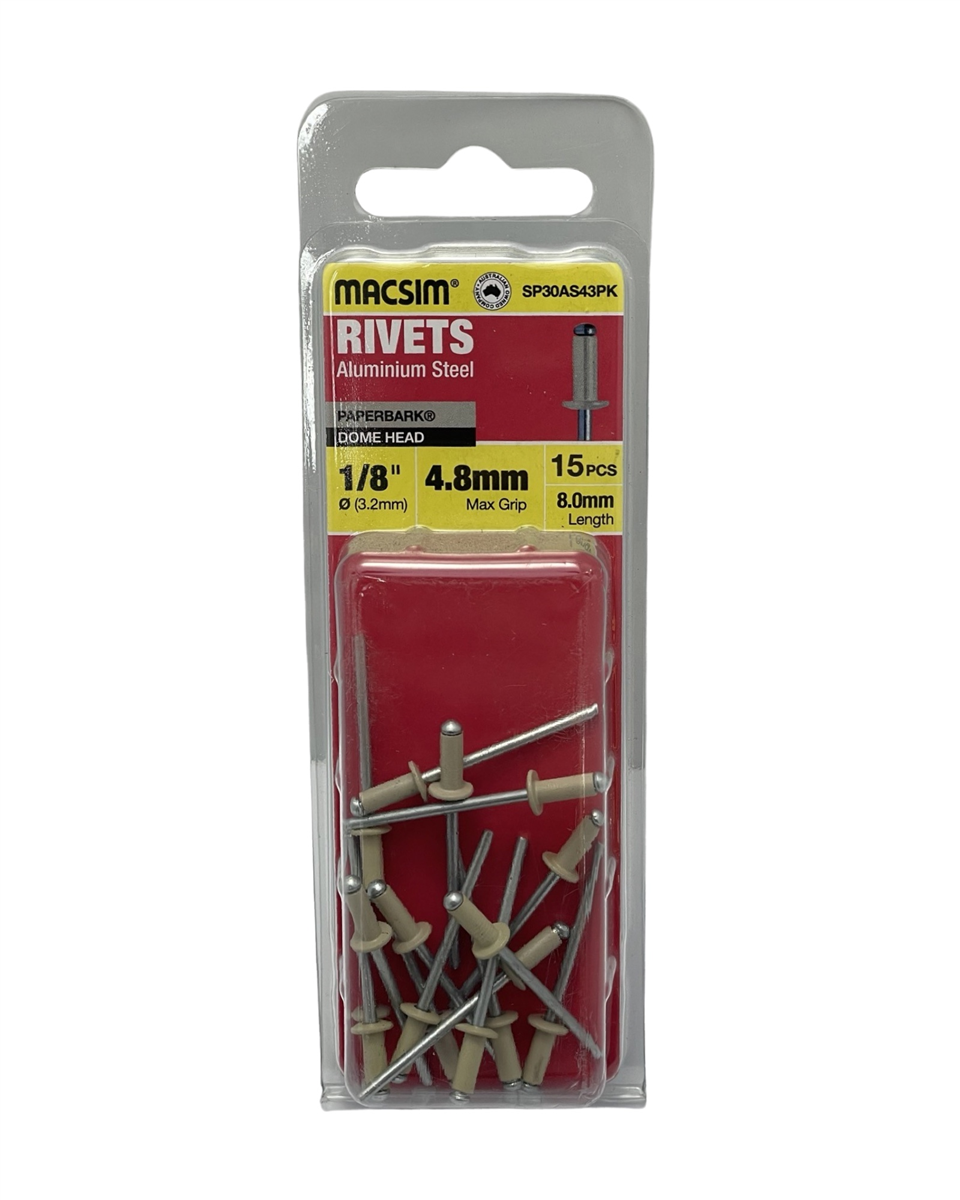 Macsim Dome Head Blind Rivets 3.2 x 4.8mm Paperbark, 15 Pack