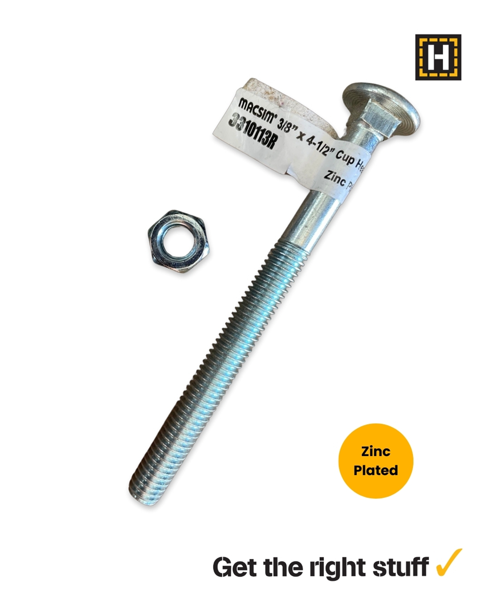 Macsim 3/8" x 4 1/2" Cup Head Coach Bolt and Nut Zinc Plated