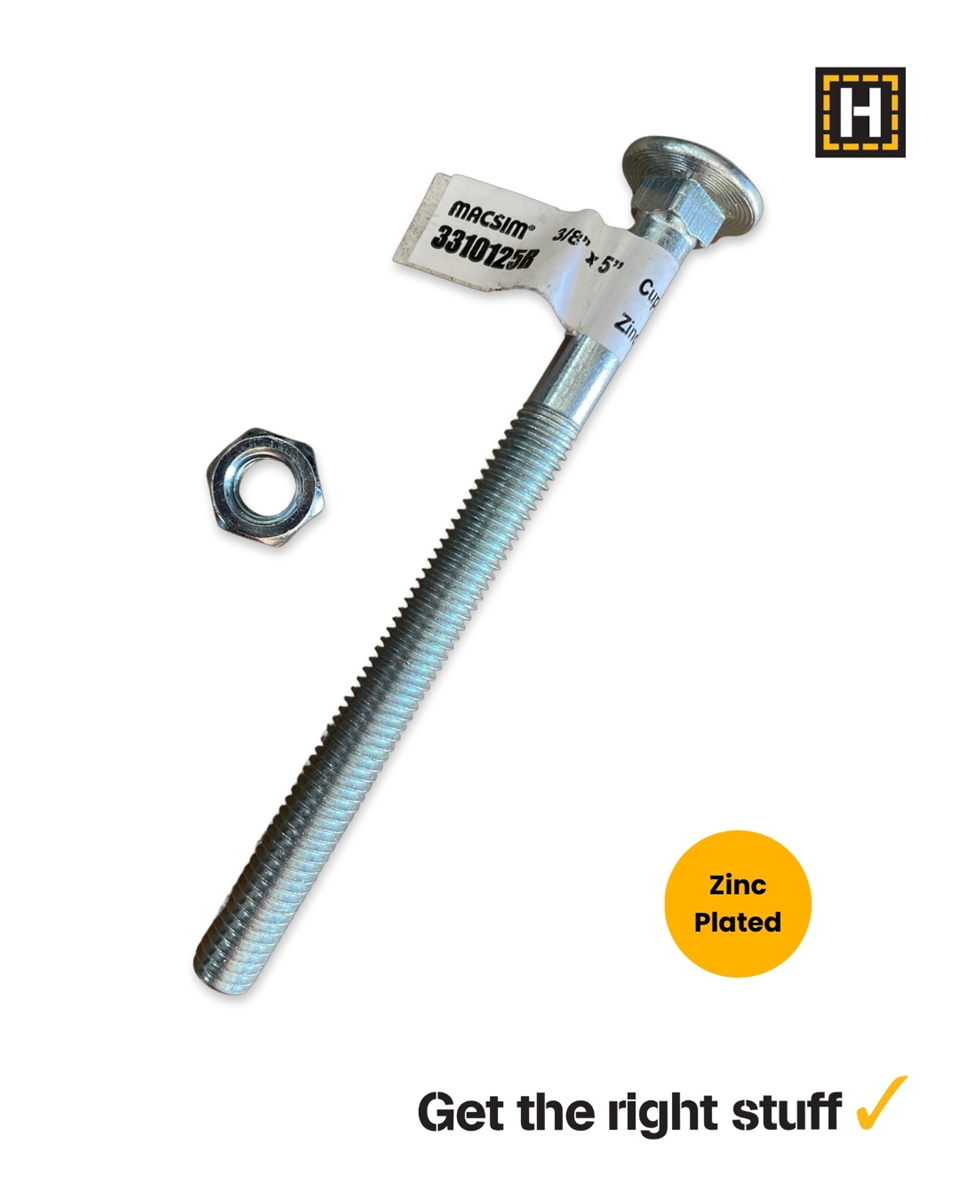 Macsim 3/8" x 5" Cup Head Coach Bolt and Nut Zinc Plated