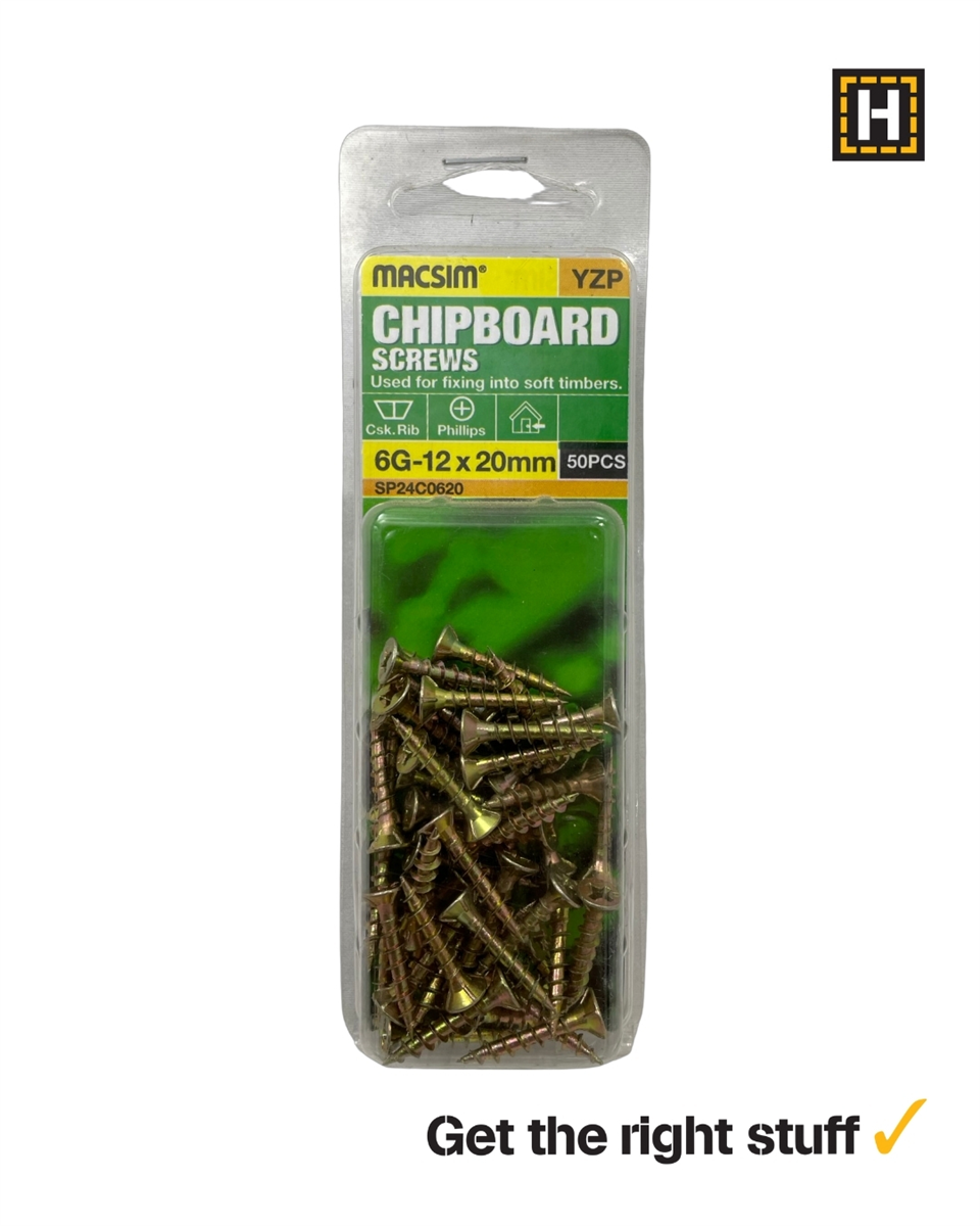 Macsim Chipboard Screws Yellow Zinc 6g x 20mm 50 Pack