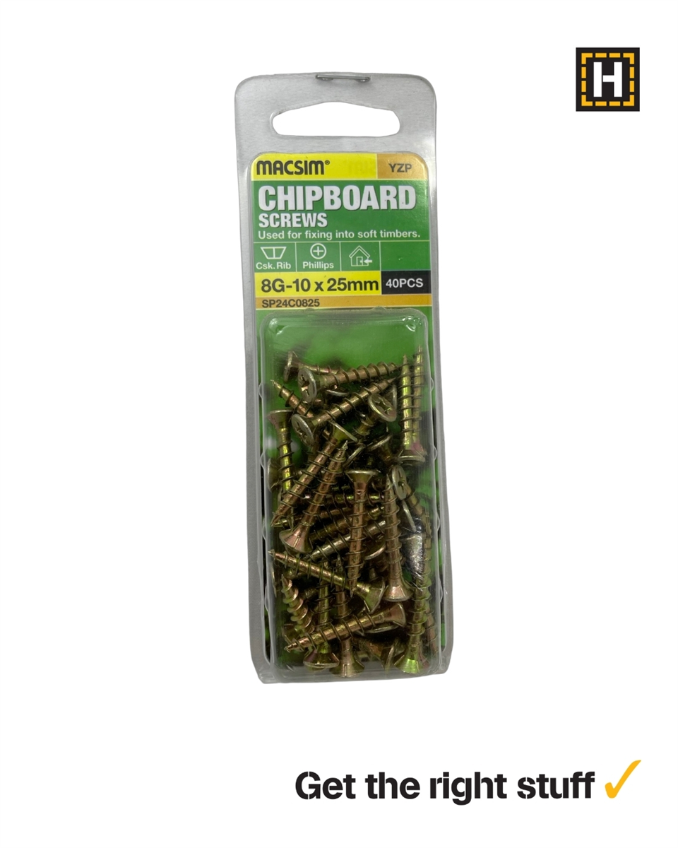 Macsim Chipboard Screws Yellow Zinc 8g x 25mm 40 Pack