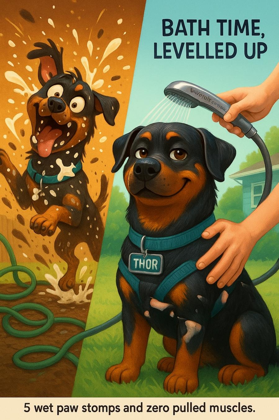 Waterpik made a bath wand that even my stubborn Rottie self didn't hate 👇