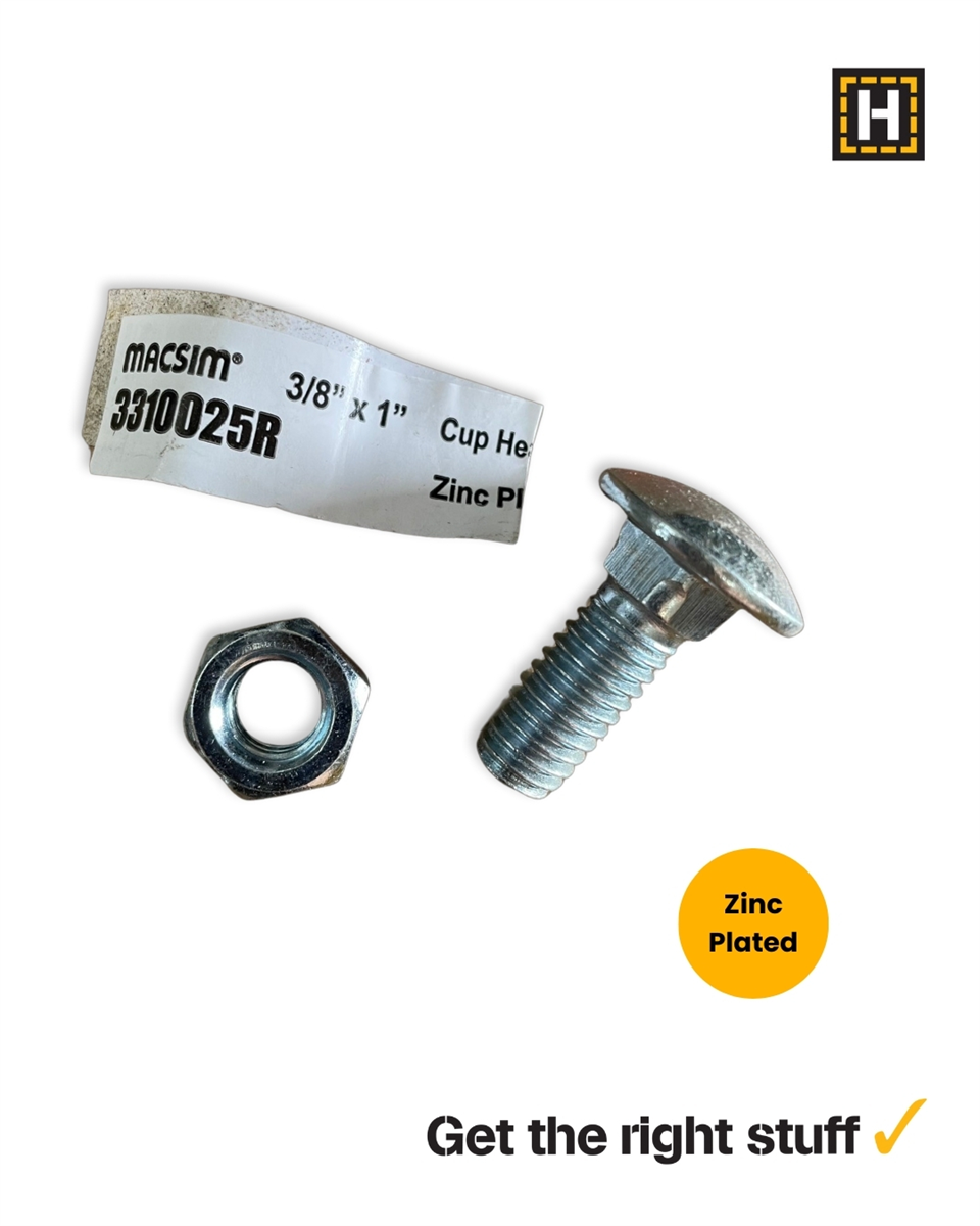 Macsim 3/8 x 1" Cup head BOLT & NUT Zinc Plated