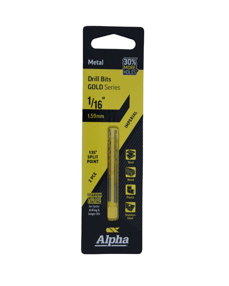 1/16in (1.59mm) Jobber Drill Bit Carded 2pk - Gold Series