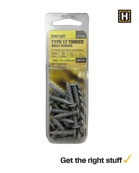 10g x 25mm Type 17 wafer head timber screw, class 3 galvanised