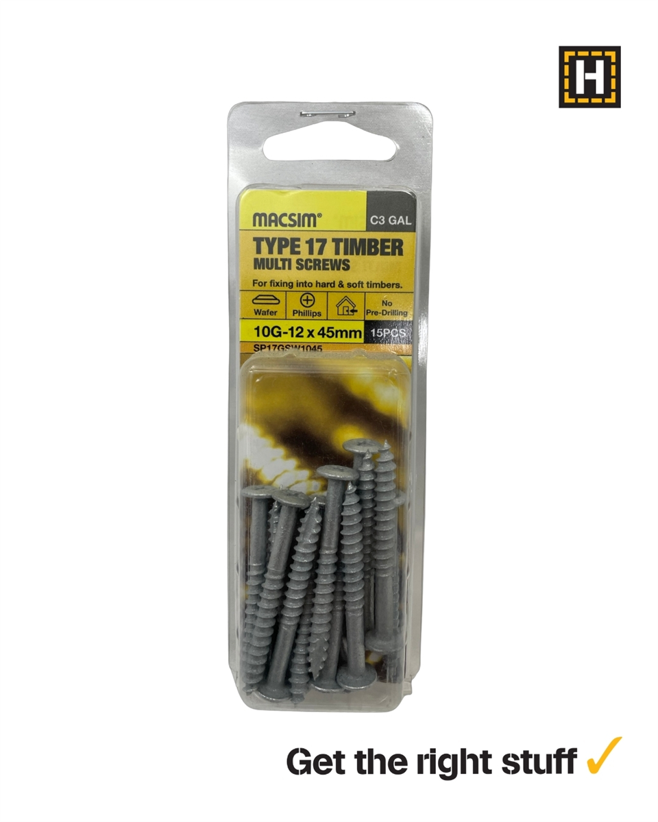 10g x 45mm Type 17 wafer head timber screw, class 3 galvanised