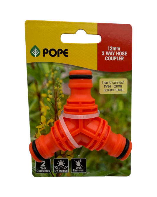 Orange 3-way hose coupler with packaging featuring the brand 'Pope' on a white background.