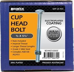 Macsim 1/2 x 5 1/2" Cup head BOLT & NUT Zinc Plated