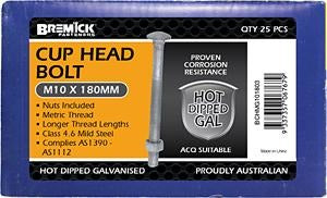 Macsim 10mm x 180 mm Cup Head BOLT & NUT Galvanised