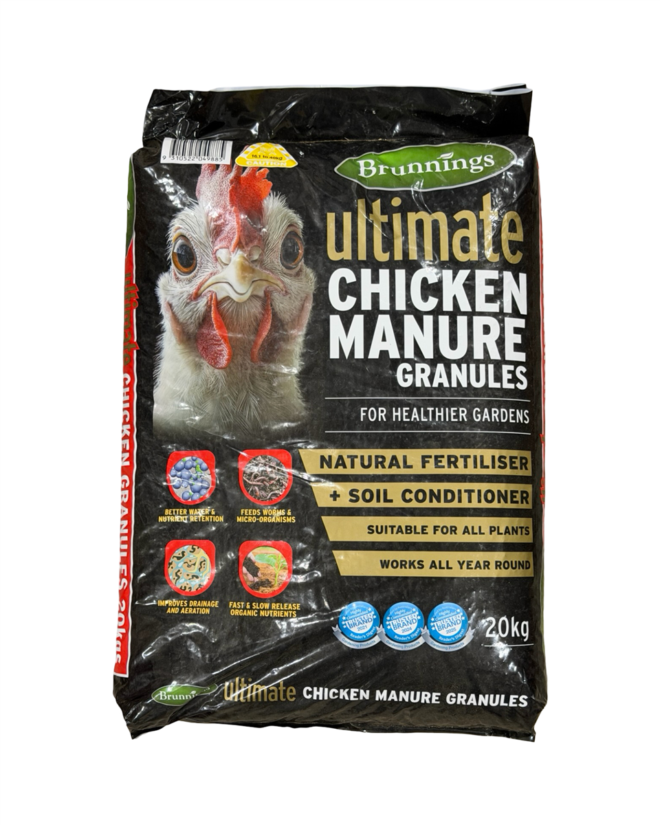 Bag of Brunnings Ultimate Chicken Manure Granules with a chicken image on the packaging.