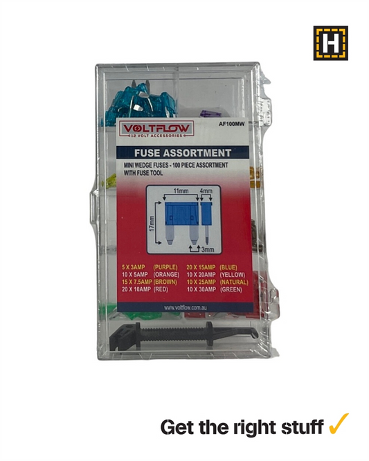 Voltflow Mini Blade Fuse Assortment with Tool, 100 Piece