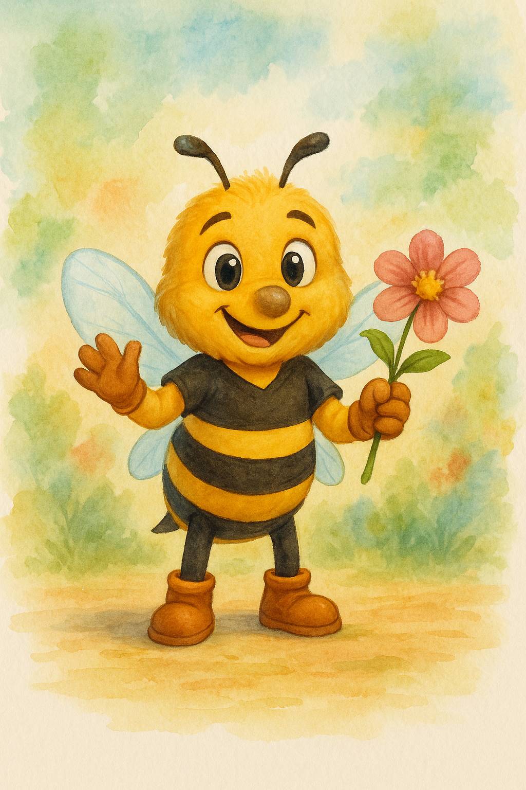 Cartoon bee character holding a flower with a colorful background
