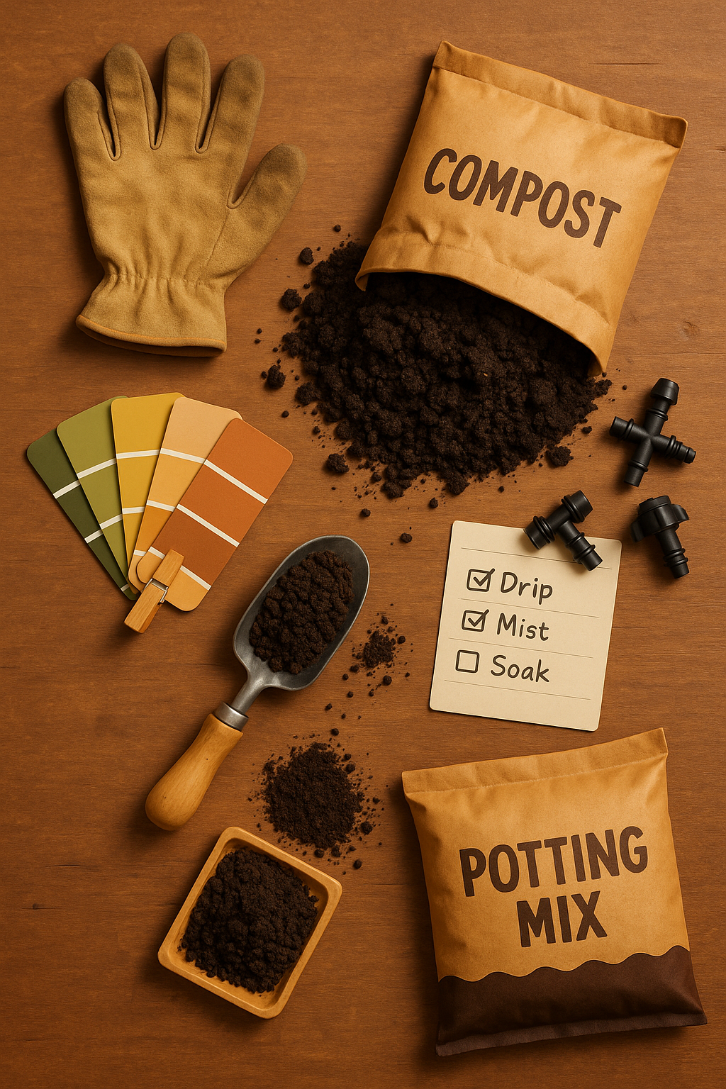 Gardening tools and materials including gloves, compost, potting mix, and color swatches on a wooden surface.