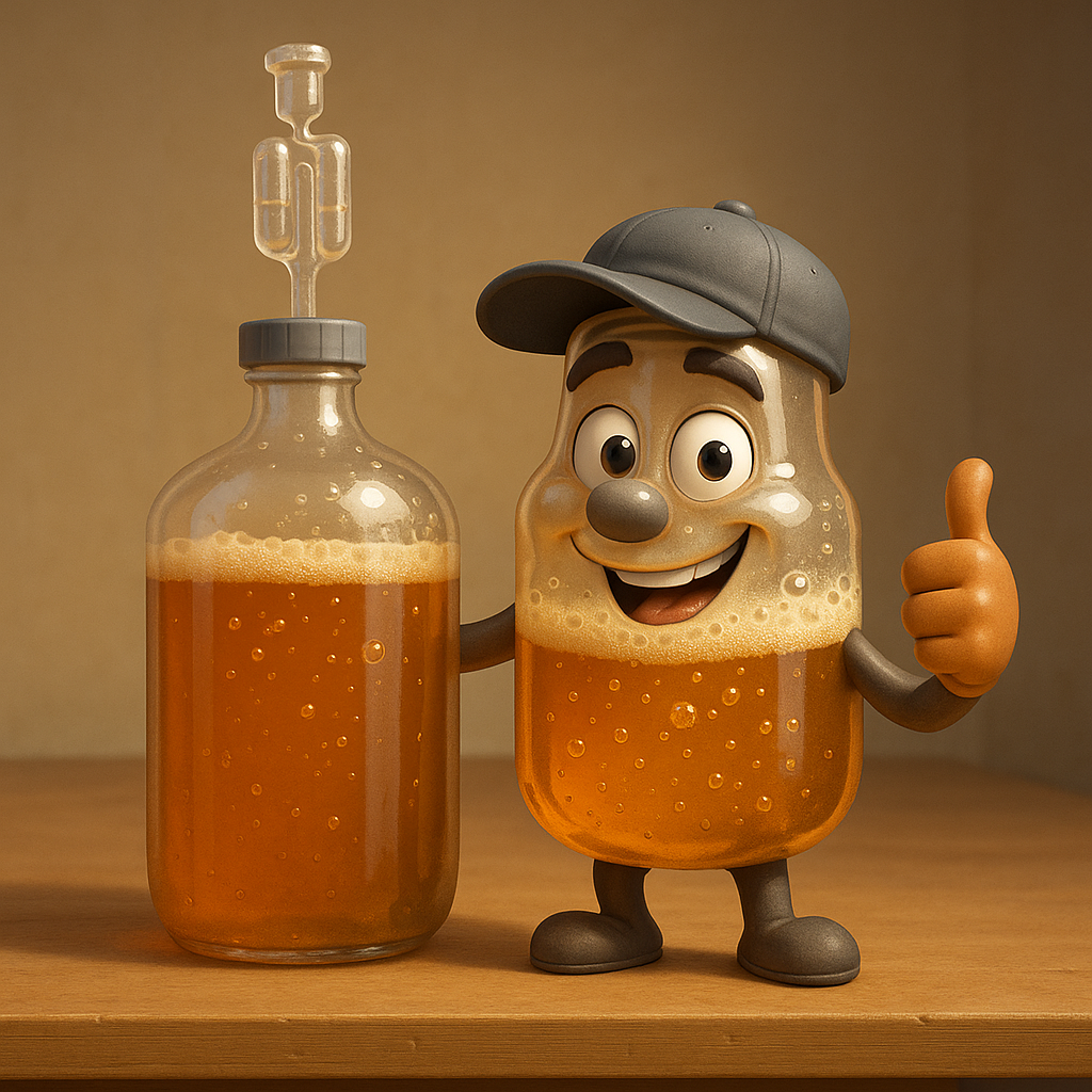Cartoon character of a beer bottle with a cap next to a glass bottle filled with beer, giving a thumbs up.