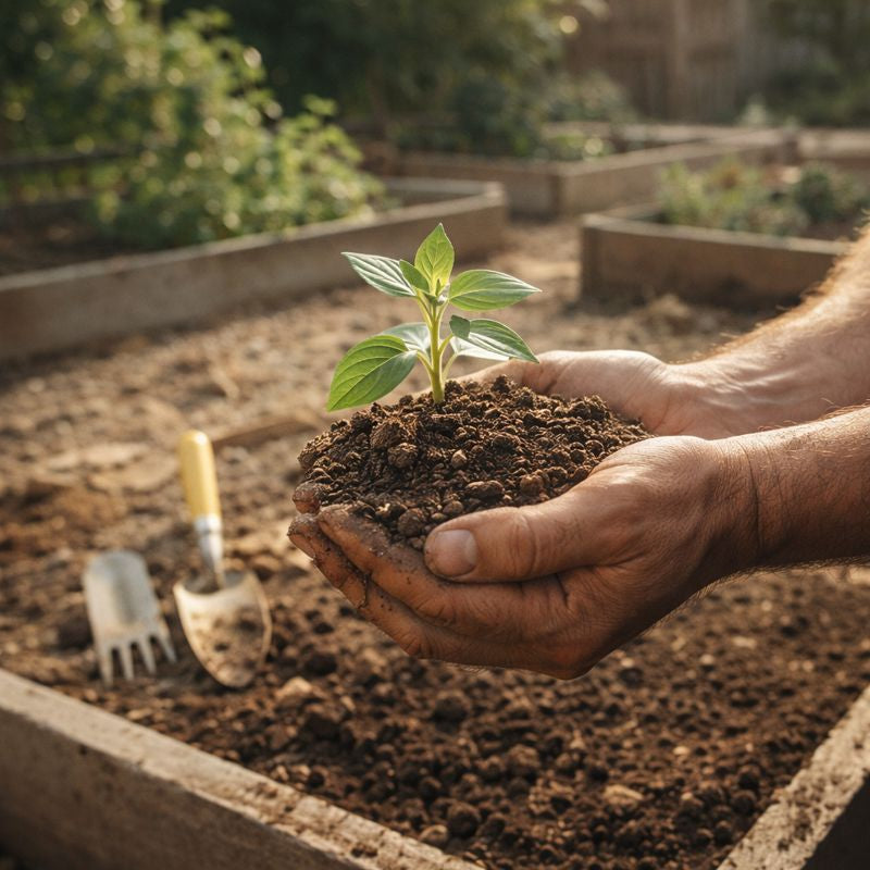 Hand holding a small plant with soil in a garden setting
