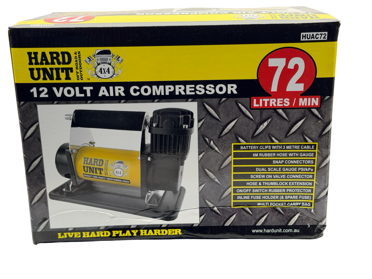 Box of Hard Unit 12 volt air compressor with product image and specifications.
