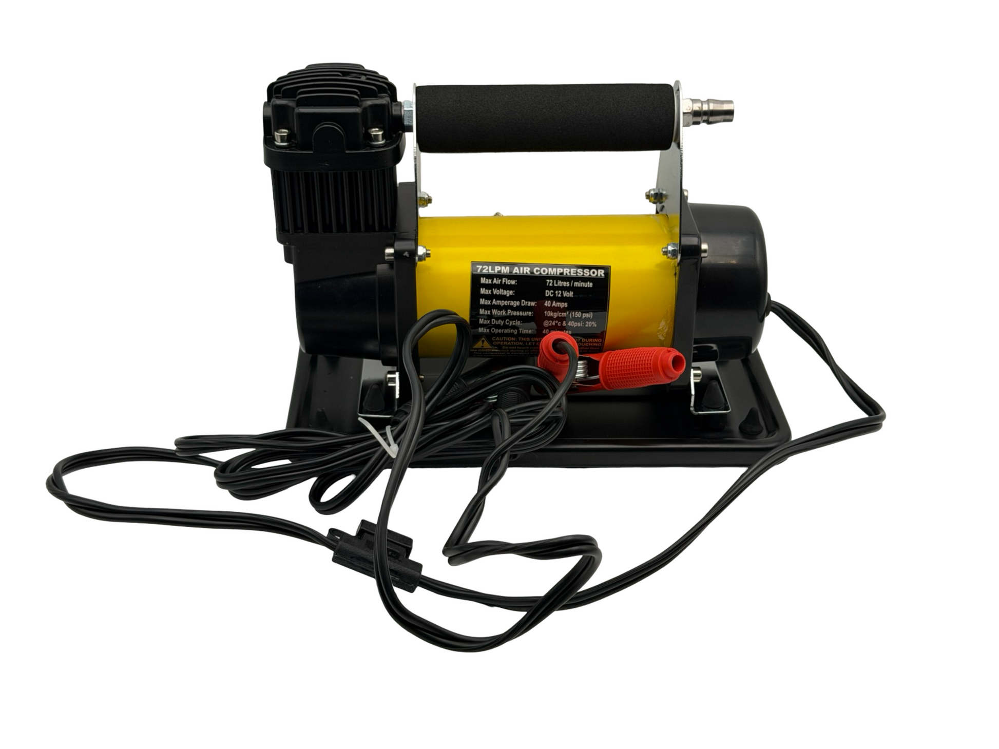 Black and yellow air compressor with visible branding on a white background