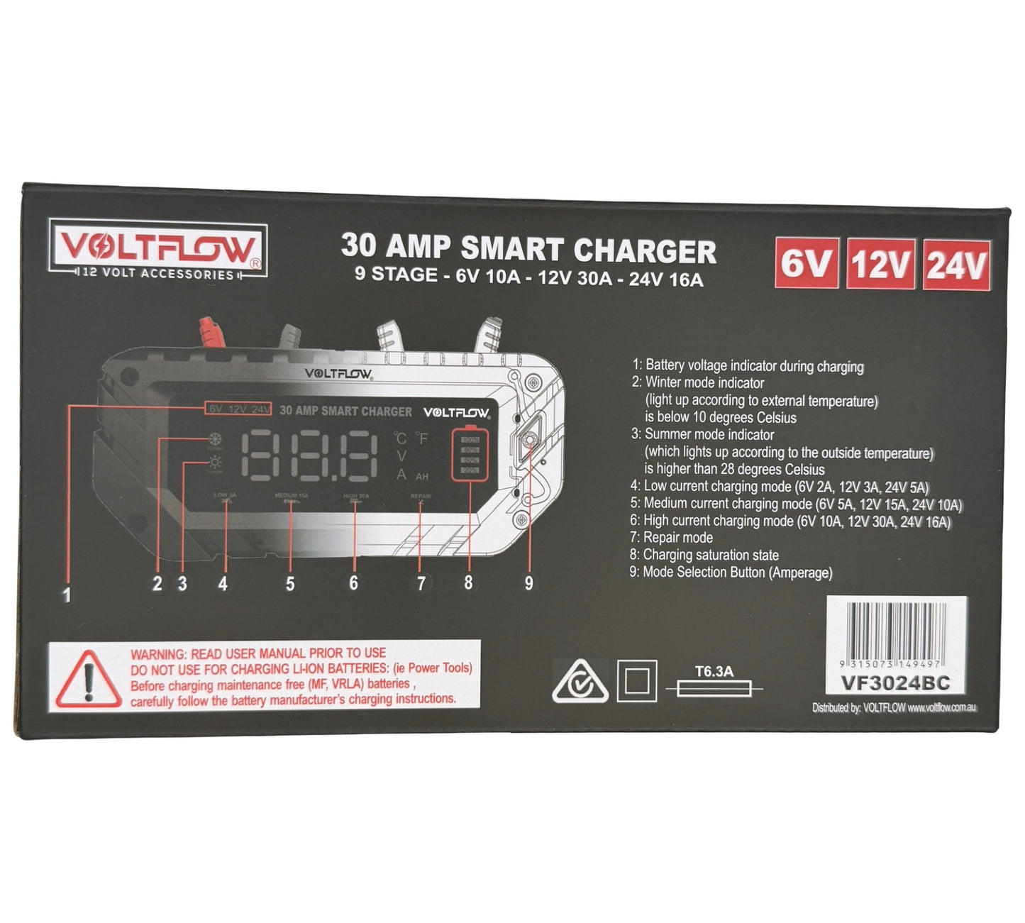 VOLTFLOW - BATTERY CHARGER 30AMP 6/12/24V