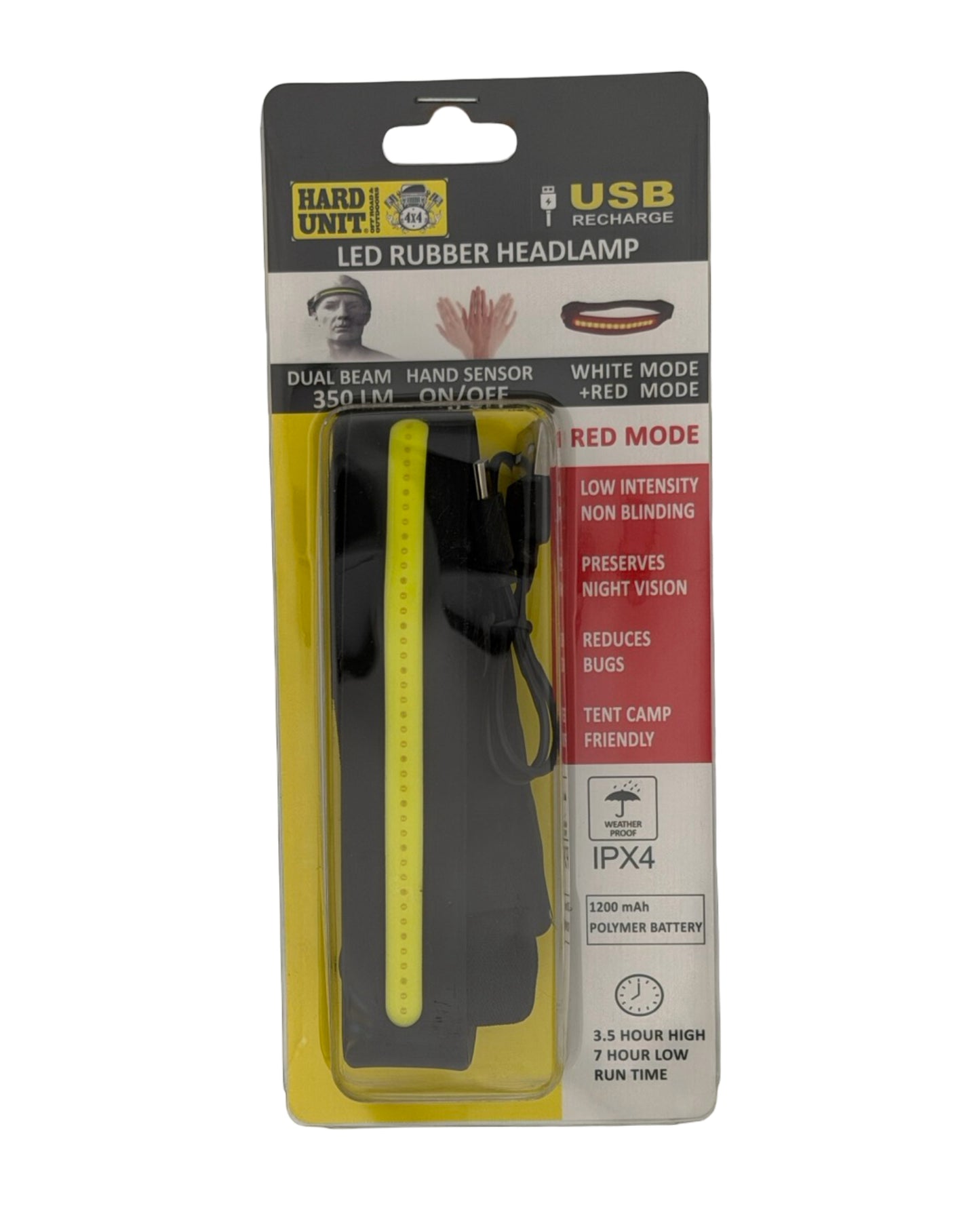 Hard Unit Head Lamp LED USB Rechargeable Red + White