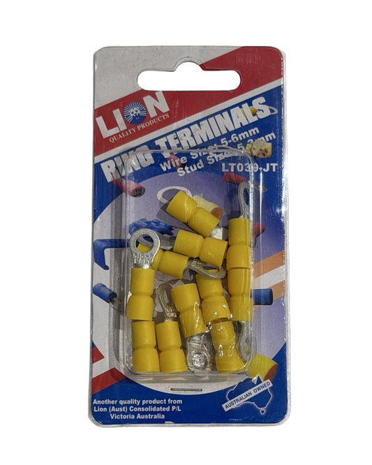 Lion Ring Terminals Yellow 5.3mm Stud (11 Pack)