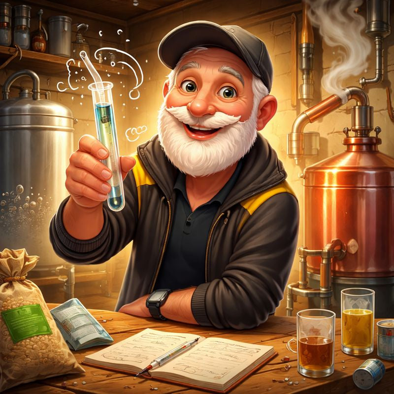 Illustration of a man in a brewery holding a test tube with a beaker, surrounded by brewing equipment and ingredients.