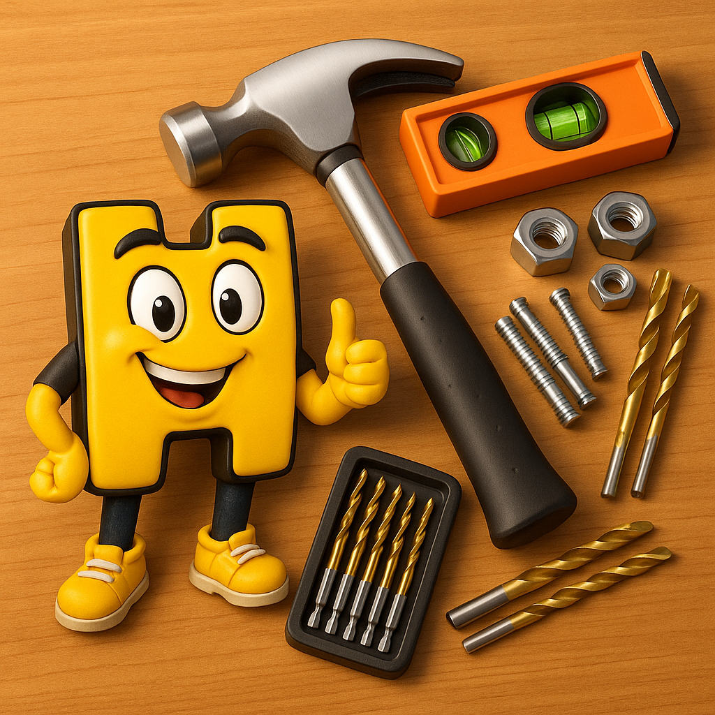 Yellow cartoon character with tools on a wooden background