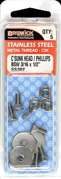 CSK M/THREAD 302 S/S 3/16X1/2