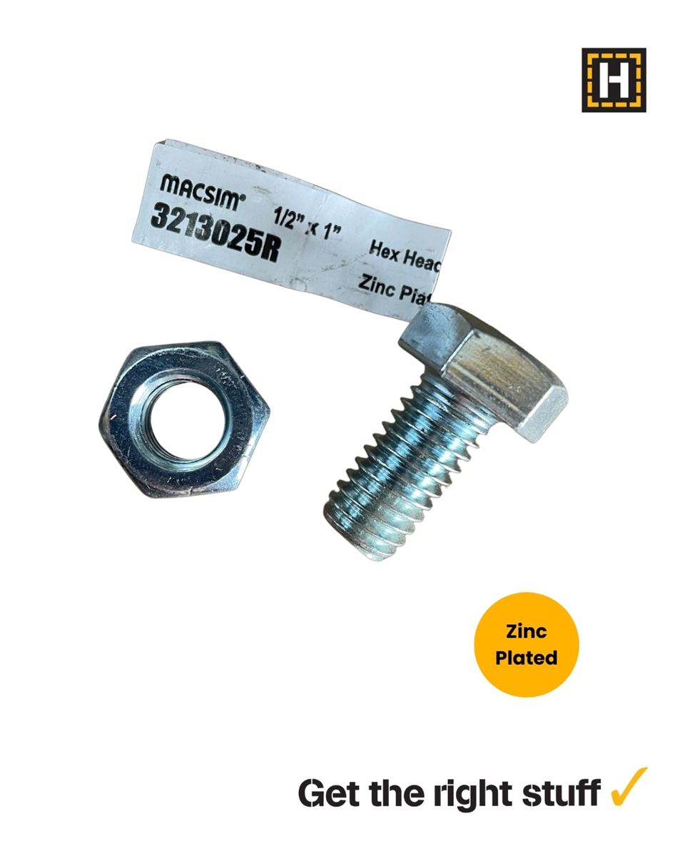 Macsim 1/2 x 1 HEX BOLT & NUT Zinc Plated