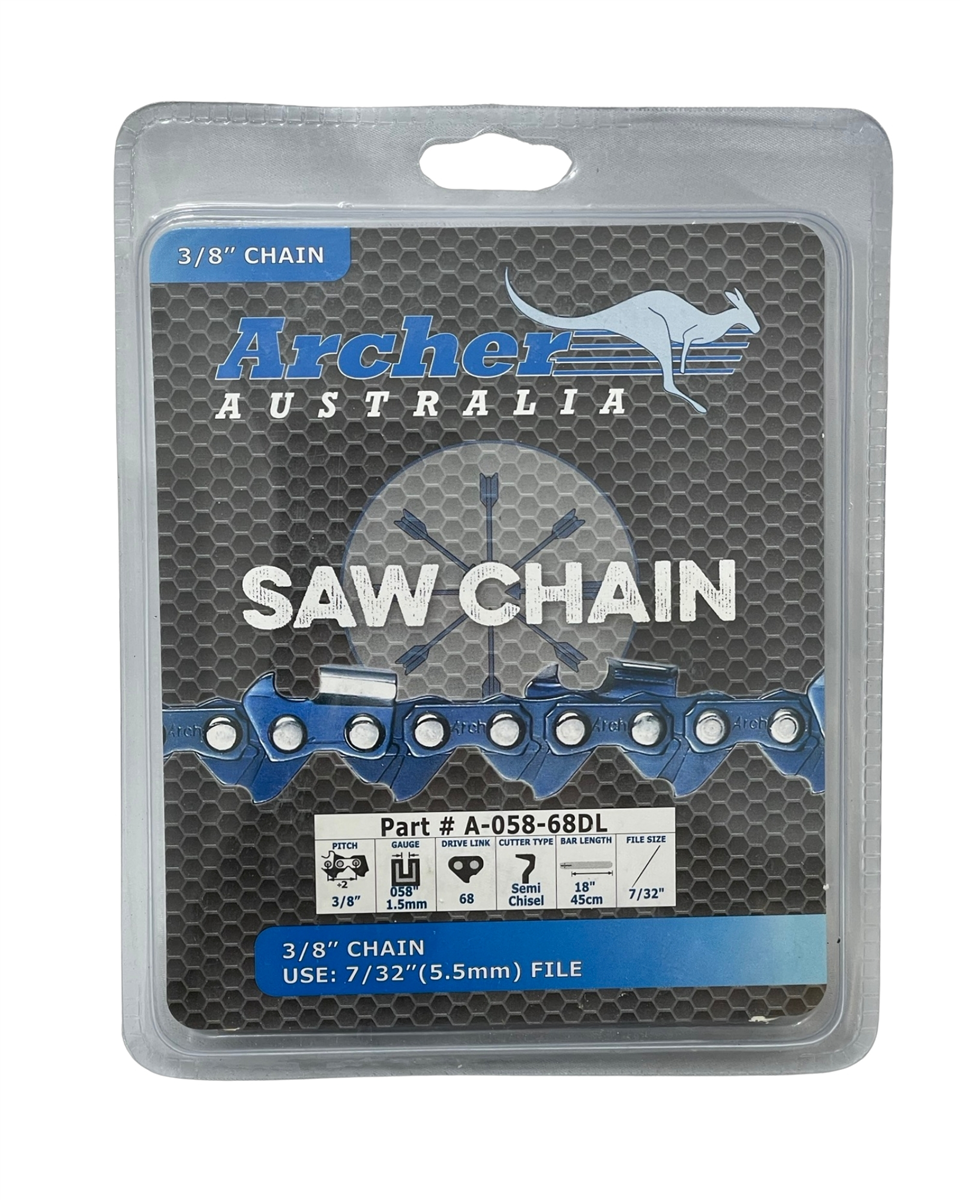 Archer semi chisel chainsaw chain loop 3/8" .058 gauge 68 drive links