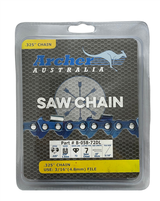Archer semi chisel chainsaw chain loop .325" .058 gauge 72 drive links