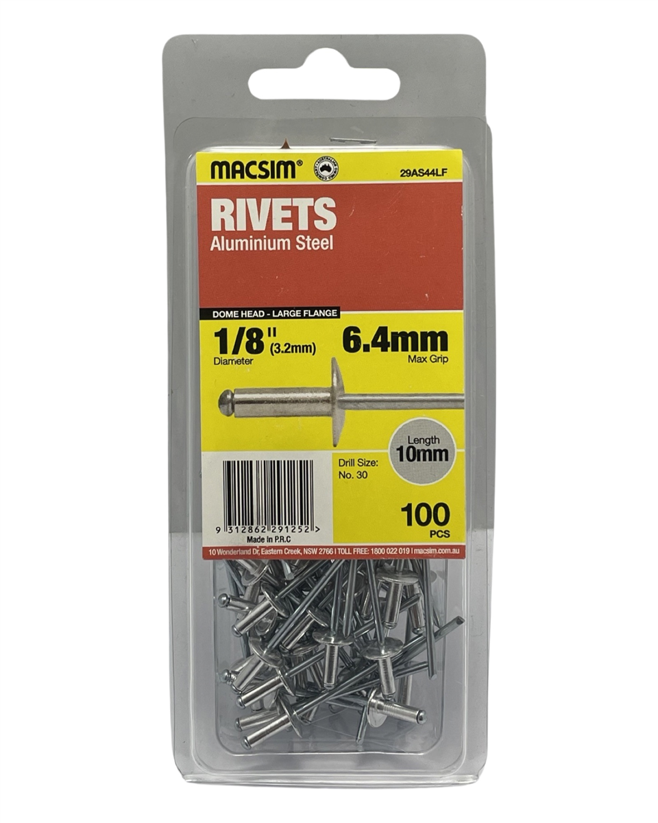 MACSIM 3.2mm X 6.4mm Large Flange Aluminium Rivets QTY 100