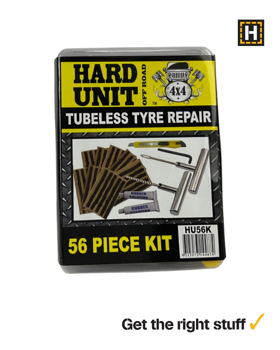 Hard Unit 56 piece tubeless tyre repair kit with plugs and tools in a case