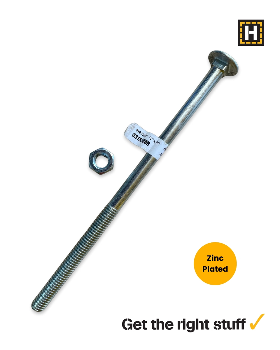 Macsim 1/2" x 10" Cup Head Coach Bolt and Nut Zinc Plated