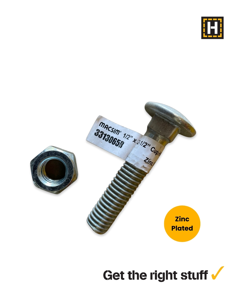 Macsim 1/2" x 2 1/2" Cup Head Coach Bolt and Nut Zinc Plated