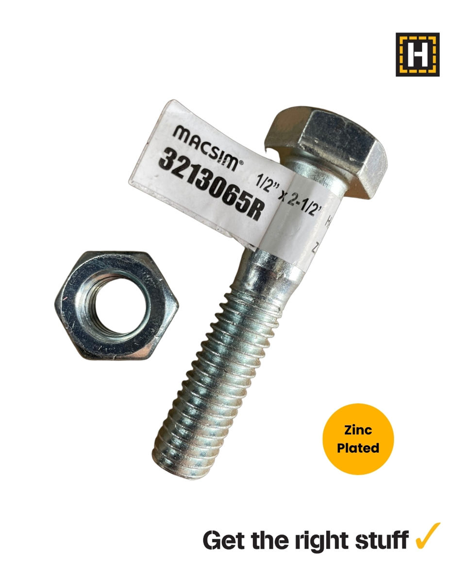 Macsim Hex Bolt and Nut 1/2" x 2 1/2" Zinc Plated