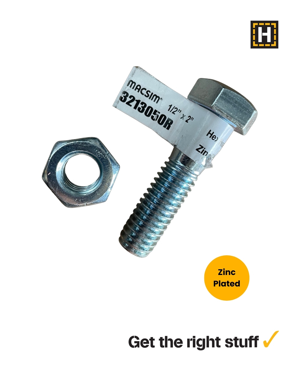 Macsim Hex Bolt and Nut 1/2" x 2" Zinc Plated