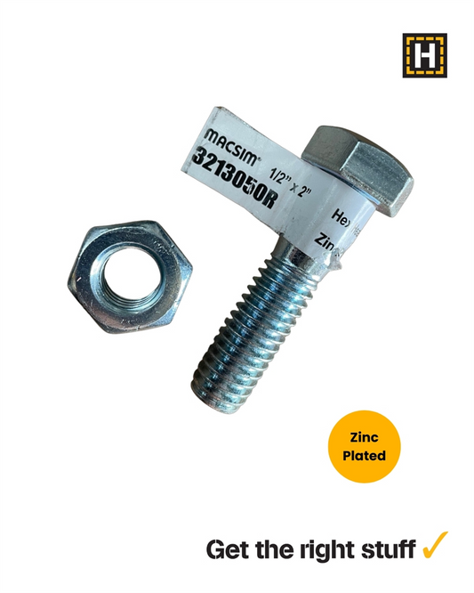 Macsim Hex Bolt and Nut 1/2" x 2" Zinc Plated