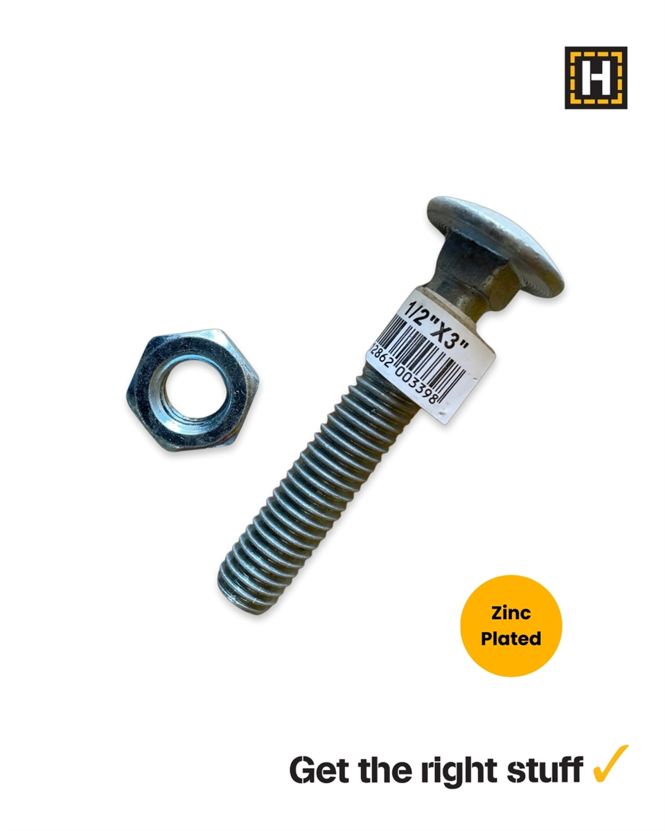 Macsim 1/2" x 3" Cup Head Coach Bolt and Nut Zinc Plated