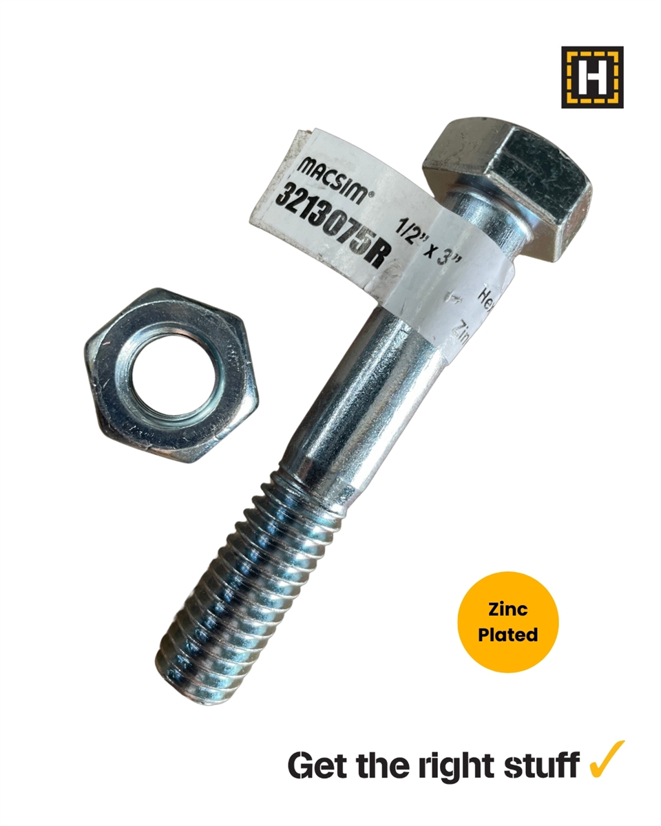 Macsim Hex Bolt and Nut 1/2" x 3" Zinc Plated