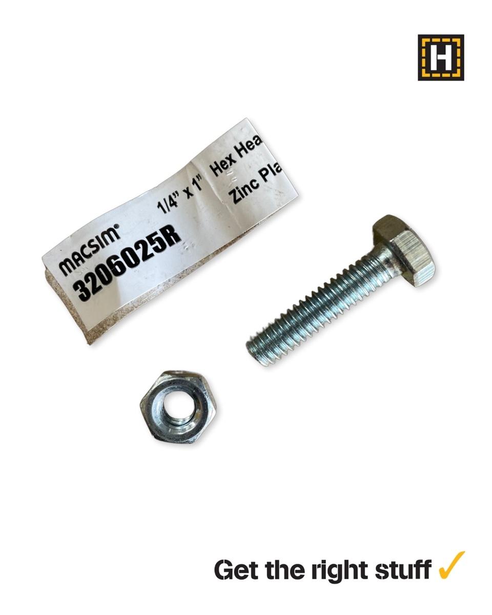 Macsim Hex Bolt and Nut 1/4" x 1" Zinc Plated
