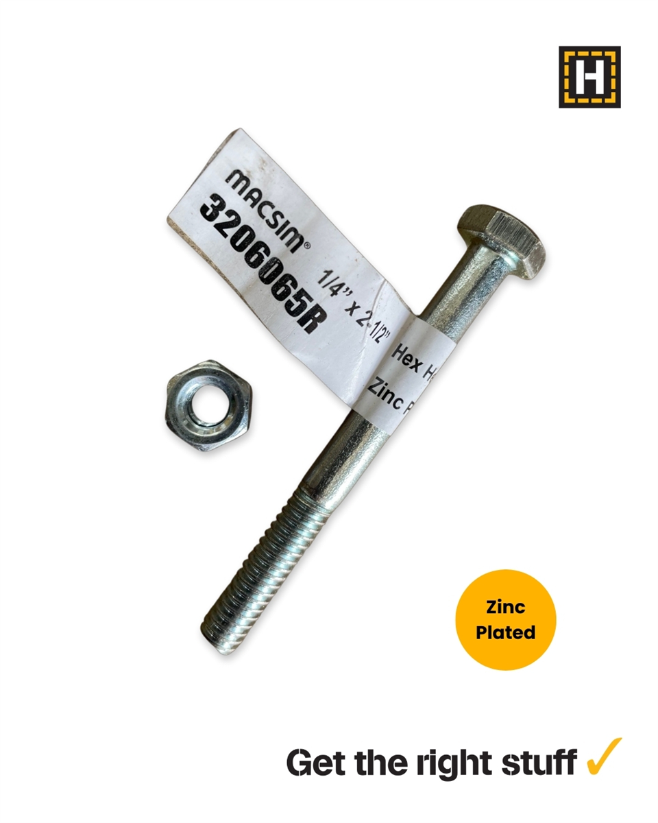 Macsim Hex Bolt and Nut 1/4" x 2 1/2" Zinc Plated