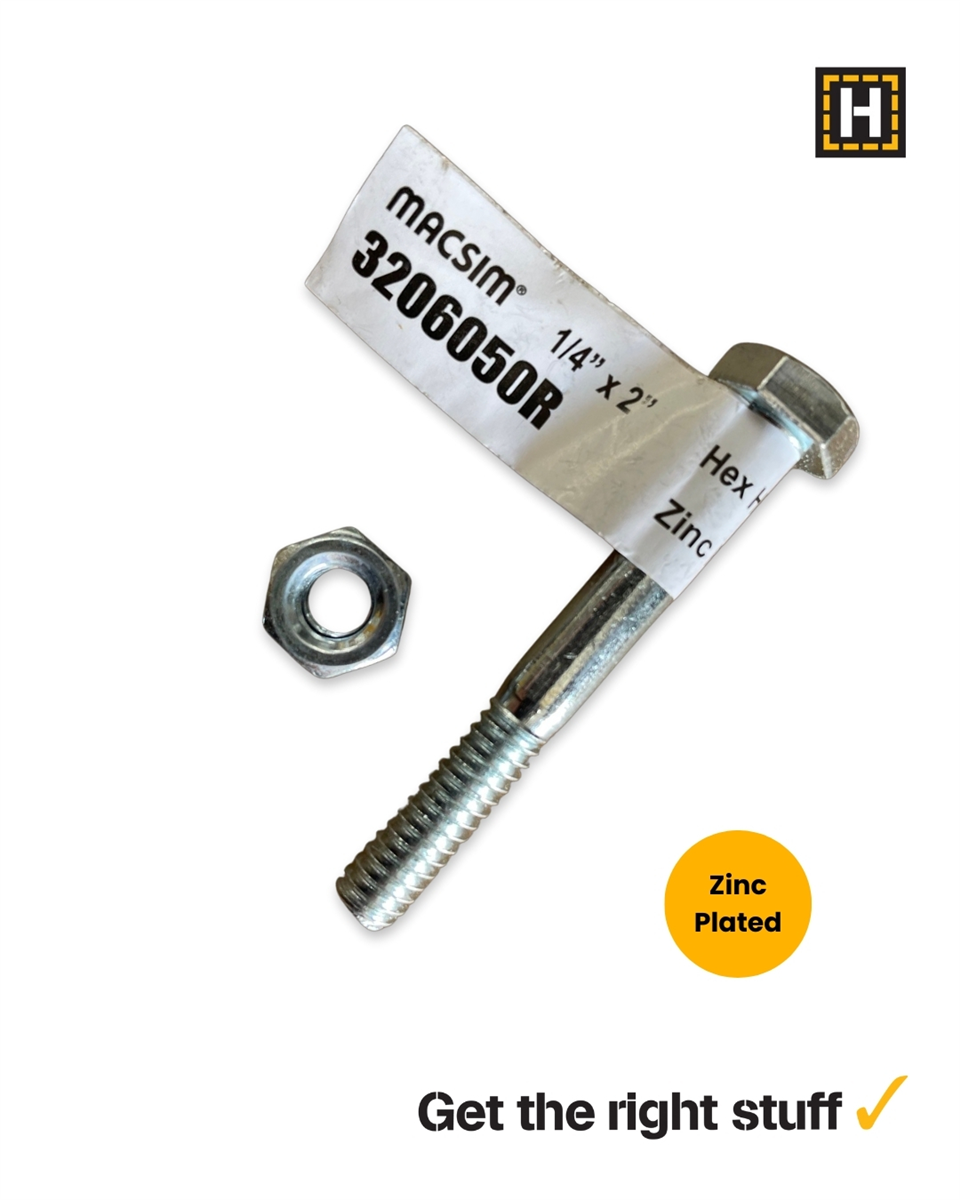 Macsim Hex Bolt and Nut 1/4" x 2" Zinc Plated