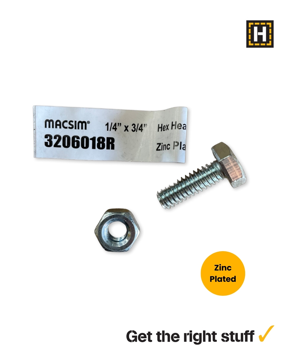 Macsim Hex Bolt and Nut 1/4" x 3/4" Zinc Plated