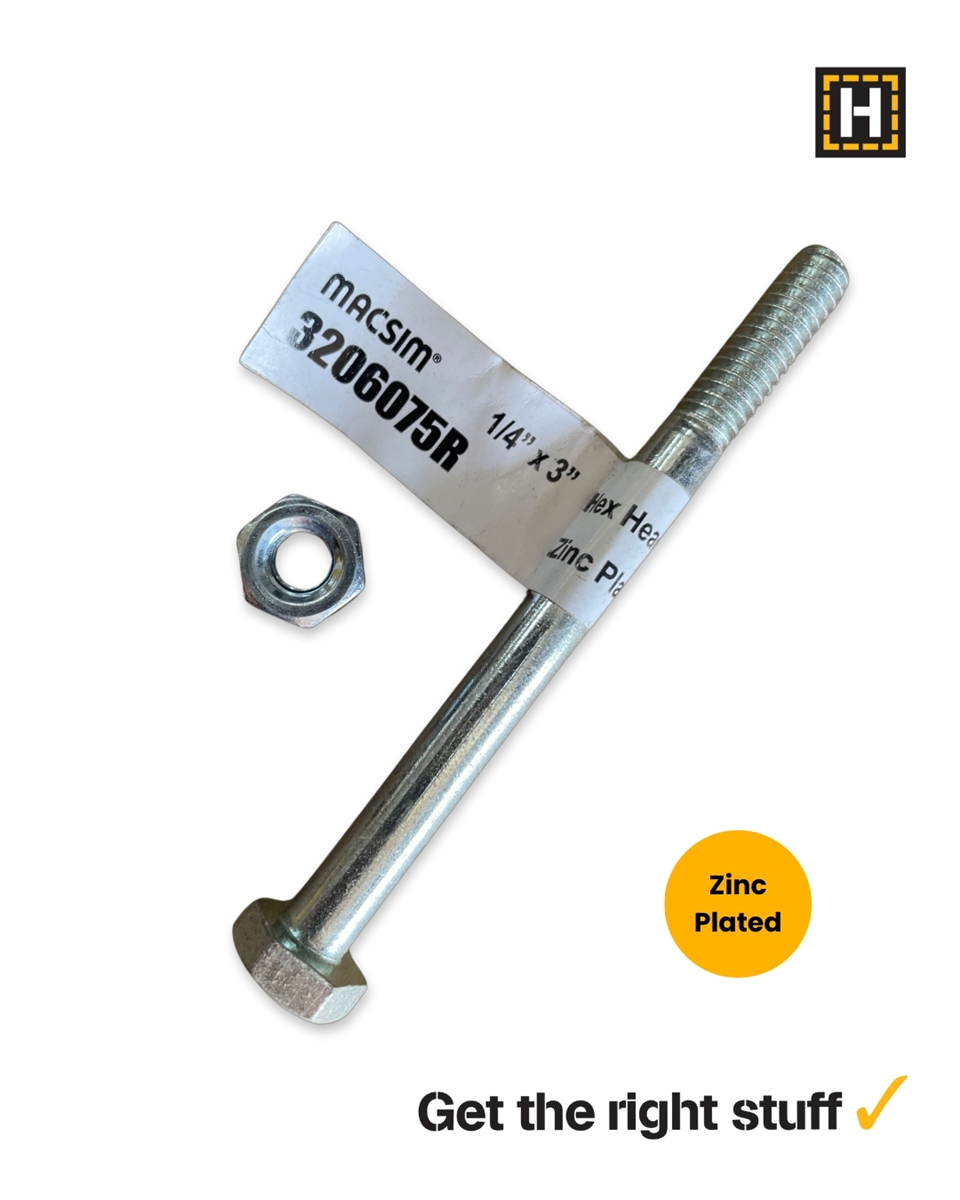 Macsim Hex Bolt and Nut 1/4" x 3" Zinc Plated